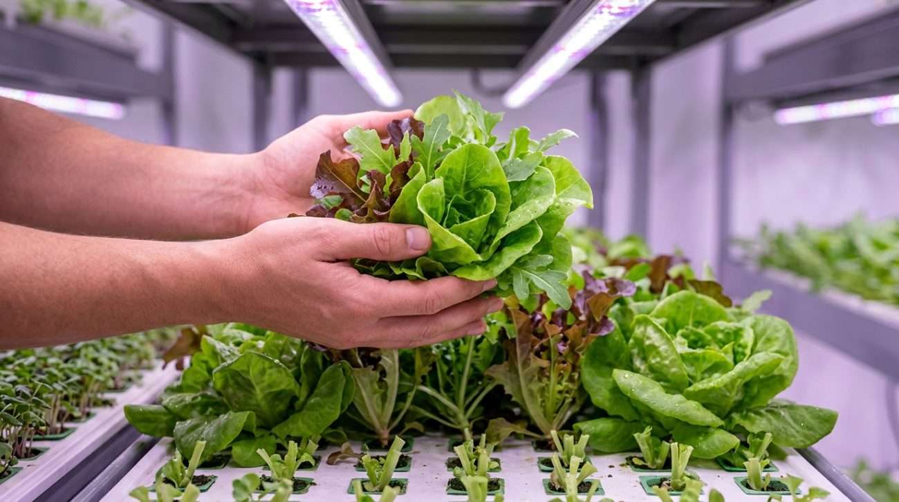 Harvest of fresh lettuce leaves from an indoor grow light setup