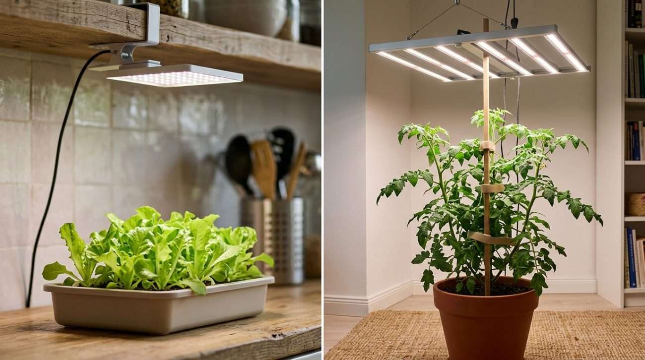 Side-by-side comparison of a leafy greens tray and a tomato plant under grow lights