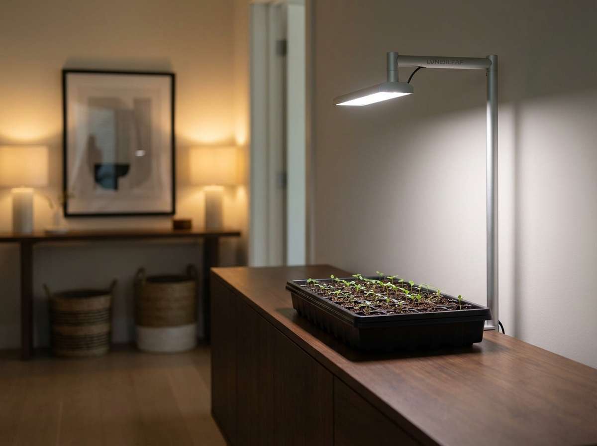 Lumenleaf clip-on grow light attached to a kitchen shelf